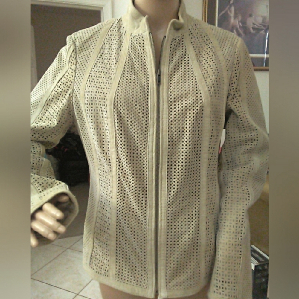 Y2K YVONNE LE MARIE TAN SUEDE Jacket W Perforated Design SZ M (100% Leather)